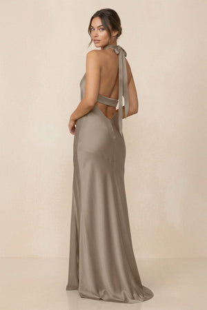 Cross Halter Sheath Bridesmaid Dress With Slit in Almond - KISS BRIDAL Bridesmaid Dresses