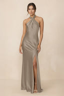 Cross Halter Sheath Bridesmaid Dress With Slit in Almond - KISS BRIDAL Bridesmaid Dresses