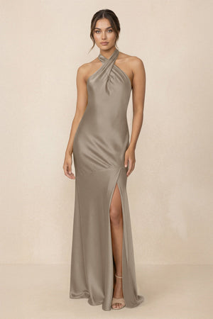Cross Halter Sheath Bridesmaid Dress With Slit in Almond - KISS BRIDAL Bridesmaid Dresses