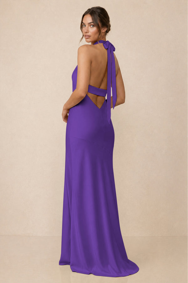 Cross Halter Sheath Bridesmaid Dress With Slit in Amethyst (2) | KISSBRIDAL