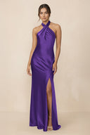 Cross Halter Sheath Bridesmaid Dress With Slit in Amethyst - KISS BRIDAL Bridesmaid Dresses