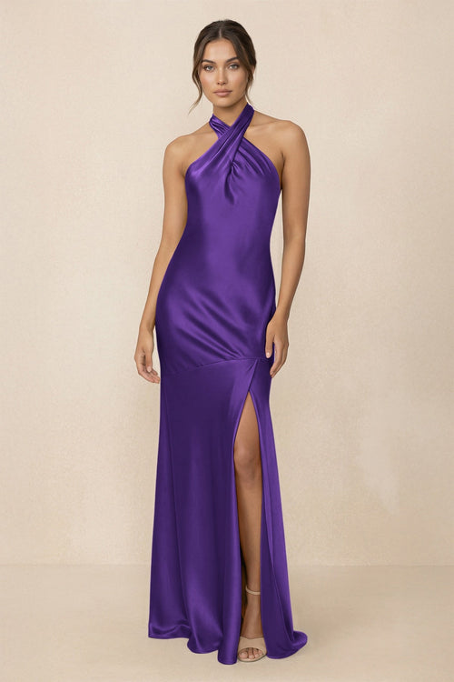Cross Halter Sheath Bridesmaid Dress With Slit in Amethyst - KISS BRIDAL Bridesmaid Dresses