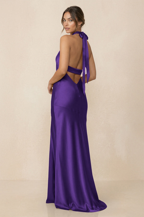 Cross Halter Sheath Bridesmaid Dress With Slit in Amethyst - KISS BRIDAL Bridesmaid Dresses