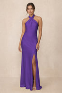 Cross Halter Sheath Bridesmaid Dress With Slit in Amethyst | KISSBRIDAL