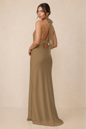 Cross Halter Sheath Bridesmaid Dress With Slit in Apple Cinnamon (2) | KISSBRIDAL