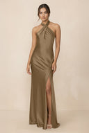 Cross Halter Sheath Bridesmaid Dress With Slit in Apple Cinnamon - KISS BRIDAL Bridesmaid Dresses