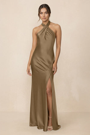 Cross Halter Sheath Bridesmaid Dress With Slit in Apple Cinnamon - KISS BRIDAL Bridesmaid Dresses
