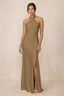 Cross Halter Sheath Bridesmaid Dress With Slit in Apple Cinnamon | KISSBRIDAL