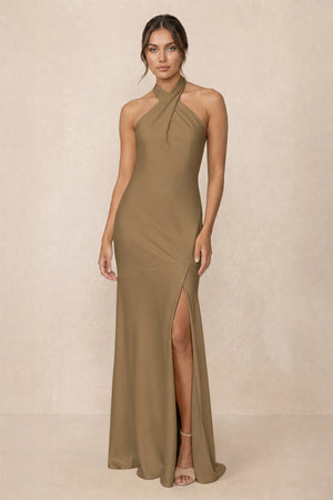Cross Halter Sheath Bridesmaid Dress With Slit in Apple Cinnamon | KISSBRIDAL