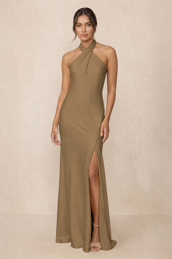 Cross Halter Sheath Bridesmaid Dress With Slit in Apple Cinnamon | KISSBRIDAL
