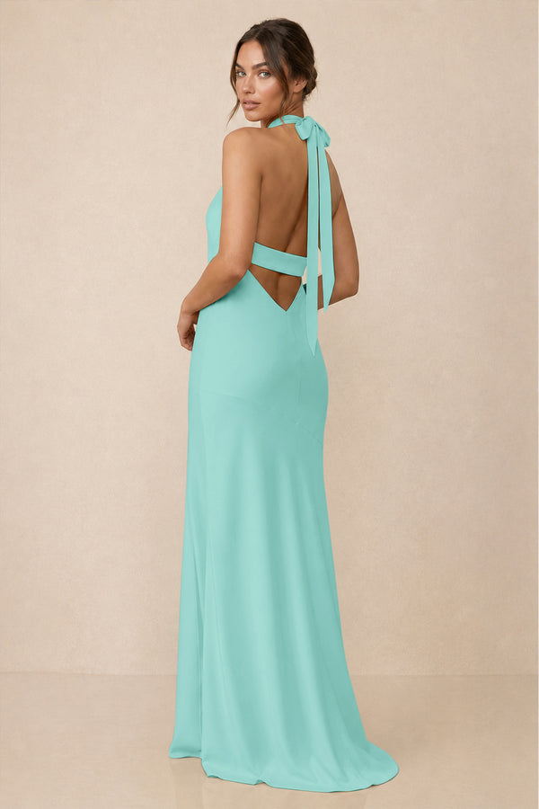 Cross Halter Sheath Bridesmaid Dress With Slit in Aqua (2) | KISSBRIDAL