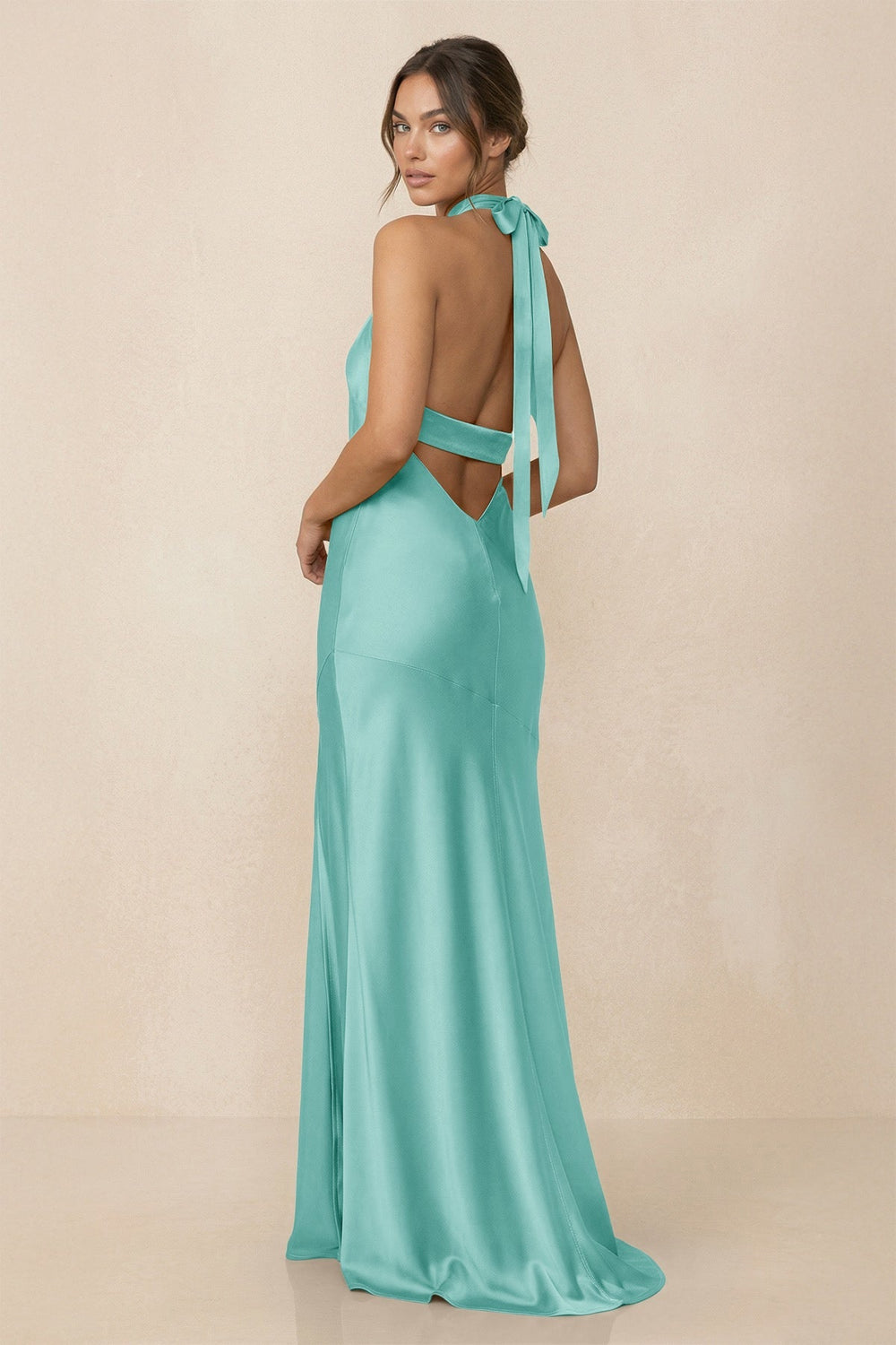 Cross Halter Sheath Bridesmaid Dress With Slit in Aqua - KISS BRIDAL Bridesmaid Dresses