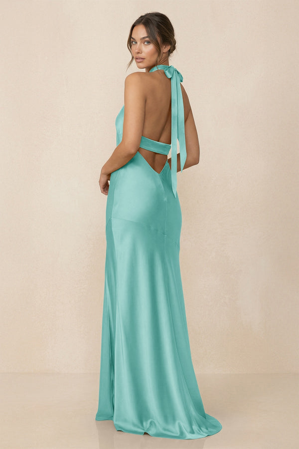 Cross Halter Sheath Bridesmaid Dress With Slit in Aqua - KISS BRIDAL Bridesmaid Dresses