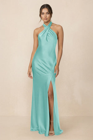 Cross Halter Sheath Bridesmaid Dress With Slit in Aqua - KISS BRIDAL Bridesmaid Dresses