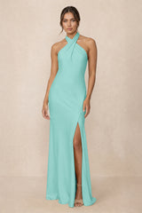 Cross Halter Sheath Bridesmaid Dress With Slit in Aqua | KISSBRIDAL