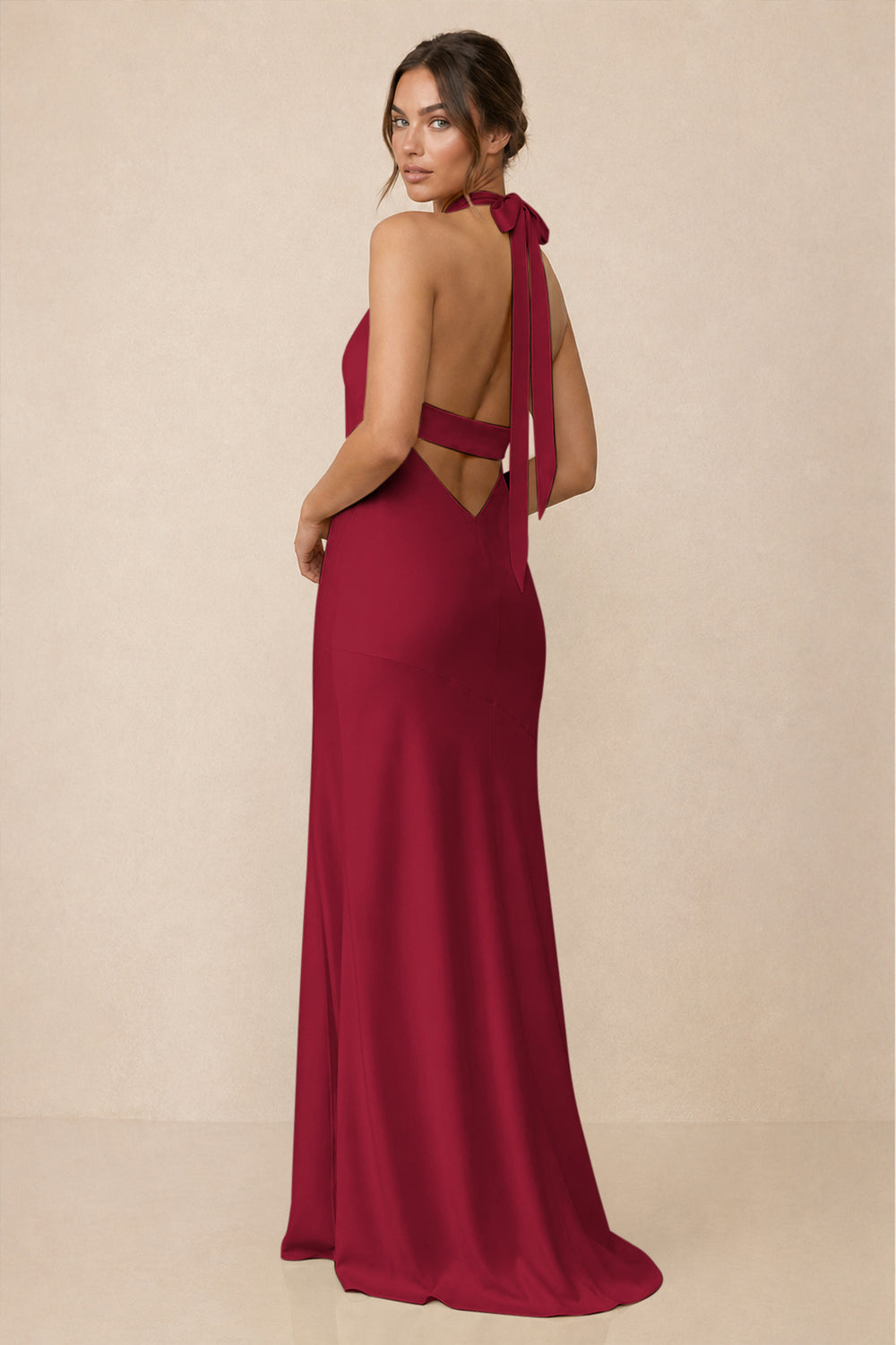 Cross Halter Sheath Bridesmaid Dress With Slit in Berry