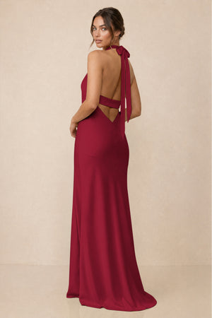 Cross Halter Sheath Bridesmaid Dress With Slit in Berry (2) | KISSBRIDAL