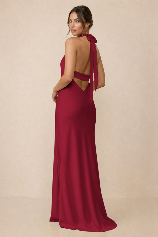 Cross Halter Sheath Bridesmaid Dress With Slit in Berry (2) | KISSBRIDAL