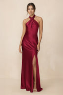 Cross Halter Sheath Bridesmaid Dress With Slit in Berry - KISS BRIDAL Bridesmaid Dresses