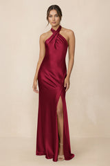 Cross Halter Sheath Bridesmaid Dress With Slit in Berry - KISS BRIDAL Bridesmaid Dresses