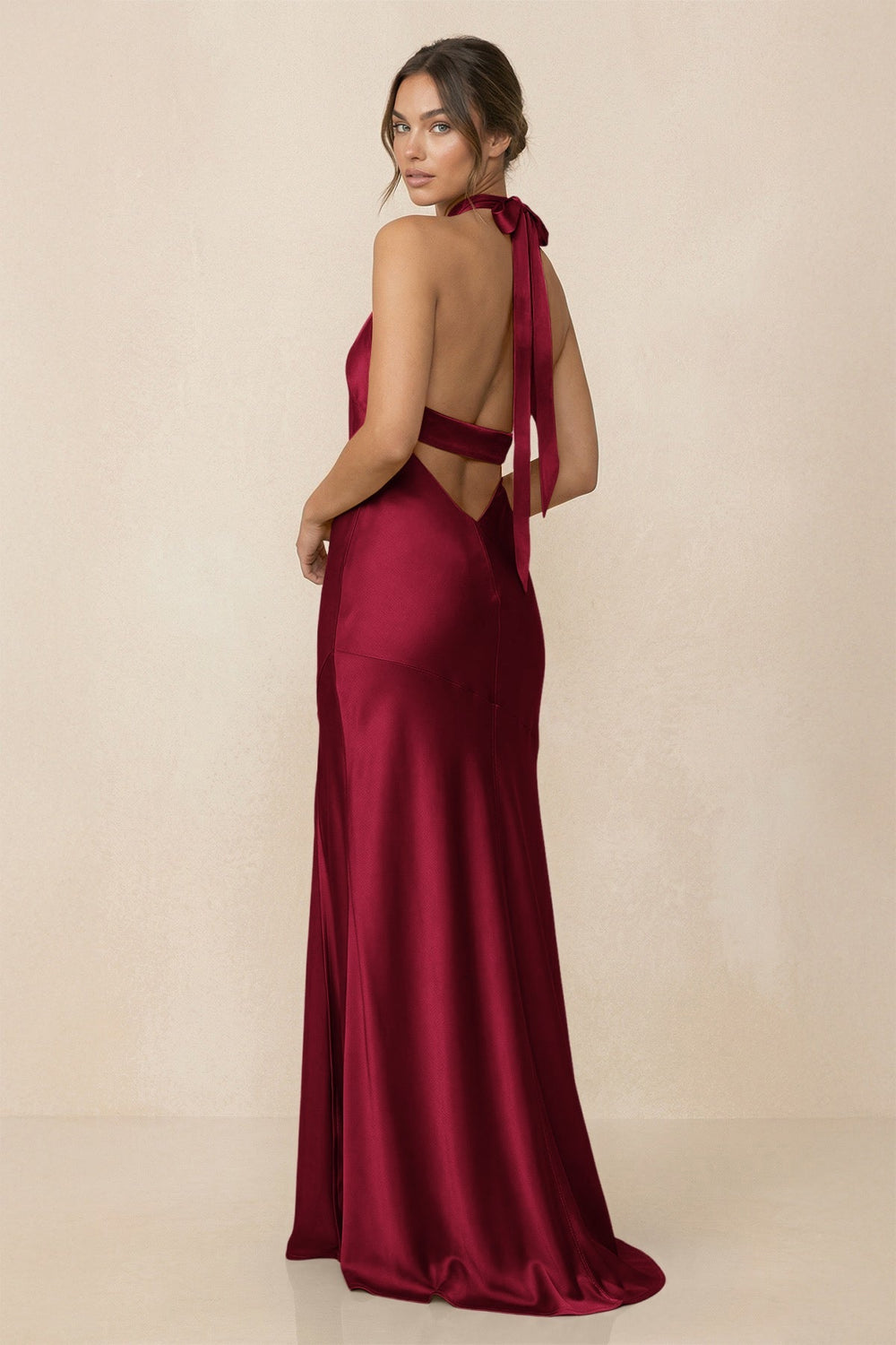 Cross Halter Sheath Bridesmaid Dress With Slit in Berry - KISS BRIDAL Bridesmaid Dresses