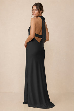 Cross Halter Sheath Bridesmaid Dress With Slit in Black (2) | KISSBRIDAL
