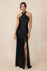 Cross Halter Sheath Bridesmaid Dress With Slit in Black - KISS BRIDAL Bridesmaid Dresses