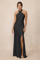Cross Halter Sheath Bridesmaid Dress With Slit in Black | KISSBRIDAL