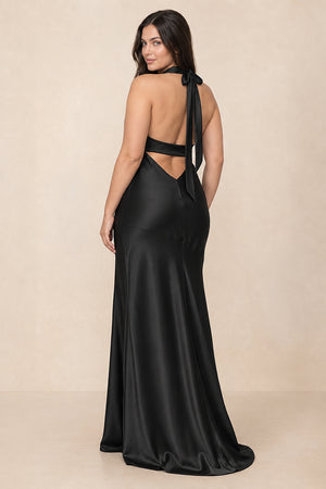 Cross Halter Sheath Bridesmaid Dress With Slit in Black [sizeplus] | KISSBRIDAL