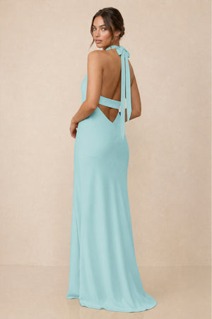 Cross Halter Sheath Bridesmaid Dress With Slit in Bleached Aqua (2) | KISSBRIDAL
