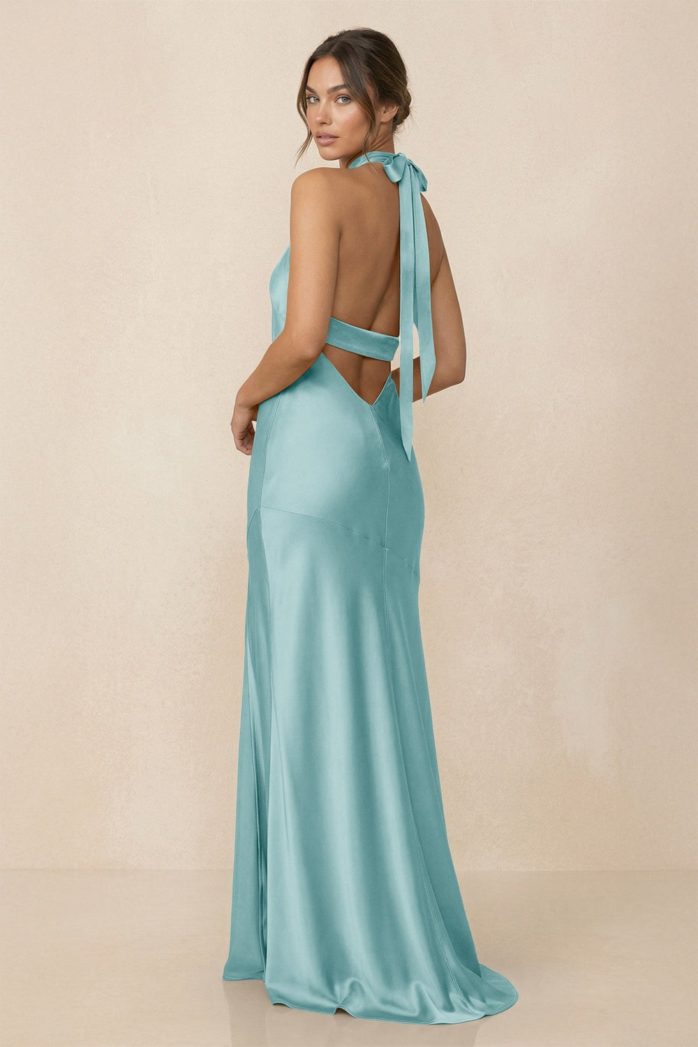 Cross Halter Sheath Bridesmaid Dress With Slit in Bleached Aqua - KISS BRIDAL Bridesmaid Dresses