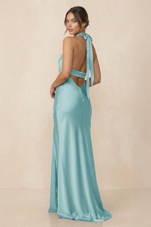 Cross Halter Sheath Bridesmaid Dress With Slit in Bleached Aqua - KISS BRIDAL Bridesmaid Dresses