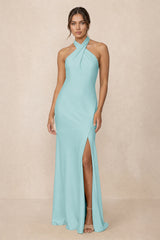 Cross Halter Sheath Bridesmaid Dress With Slit in Bleached Aqua | KISSBRIDAL