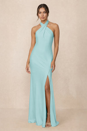 Cross Halter Sheath Bridesmaid Dress With Slit in Bleached Aqua | KISSBRIDAL