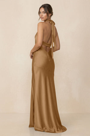 Cross Halter Sheath Bridesmaid Dress With Slit in Bronzer - KISS BRIDAL Bridesmaid Dresses