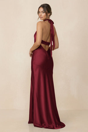Cross Halter Sheath Bridesmaid Dress With Slit in Burgundy - KISS BRIDAL Bridesmaid Dresses