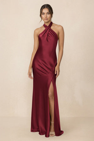Cross Halter Sheath Bridesmaid Dress With Slit in Burgundy - KISS BRIDAL Bridesmaid Dresses
