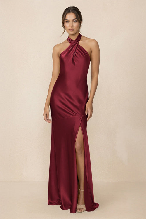 Cross Halter Sheath Bridesmaid Dress With Slit in Burgundy - KISS BRIDAL Bridesmaid Dresses