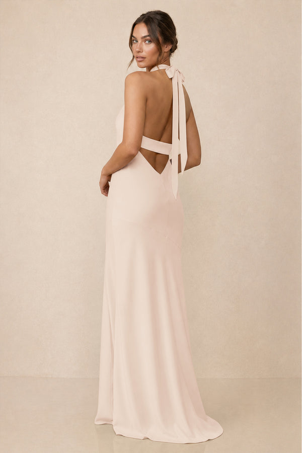 Cross Halter Sheath Bridesmaid Dress With Slit in Buttercream (2) | KISSBRIDAL