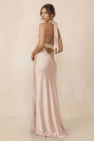 Cross Halter Sheath Bridesmaid Dress With Slit in Buttercream - KISS BRIDAL Bridesmaid Dresses