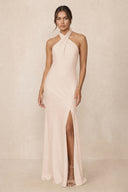 Cross Halter Sheath Bridesmaid Dress With Slit in Buttercream | KISSBRIDAL