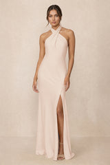 Cross Halter Sheath Bridesmaid Dress With Slit in Buttercream | KISSBRIDAL