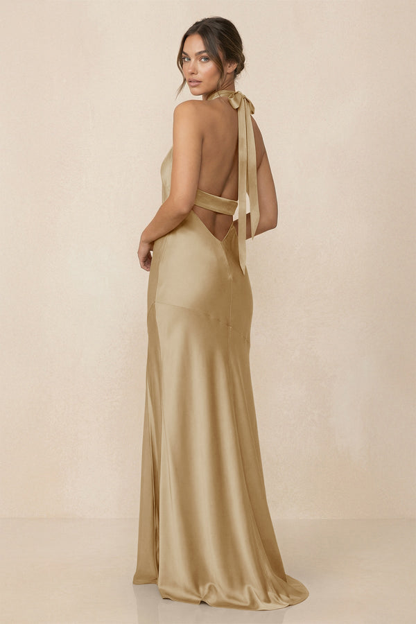 Cross Halter Sheath Bridesmaid Dress With Slit in Champagne - KISS BRIDAL Bridesmaid Dresses