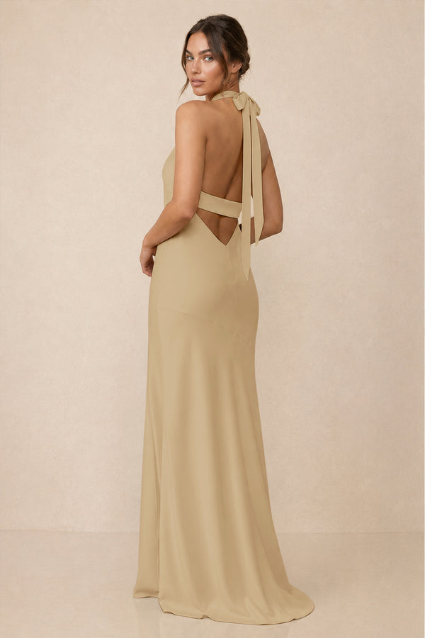 Cross Halter Sheath Bridesmaid Dress With Slit in Champagne (2) | KISSBRIDAL