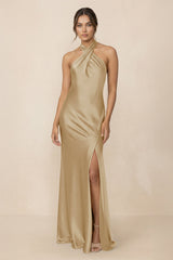 Cross Halter Sheath Bridesmaid Dress With Slit in Champagne - KISS BRIDAL Bridesmaid Dresses