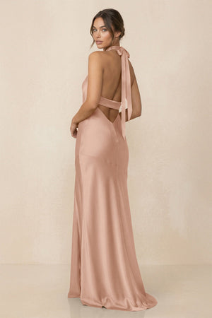 Cross Halter Sheath Bridesmaid Dress With Slit in Champagne Rose - KISS BRIDAL Bridesmaid Dresses