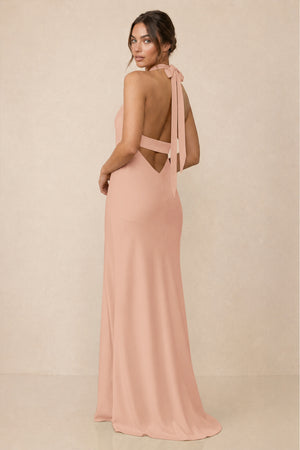Cross Halter Sheath Bridesmaid Dress With Slit in Champagne Rose (2) | KISSBRIDAL