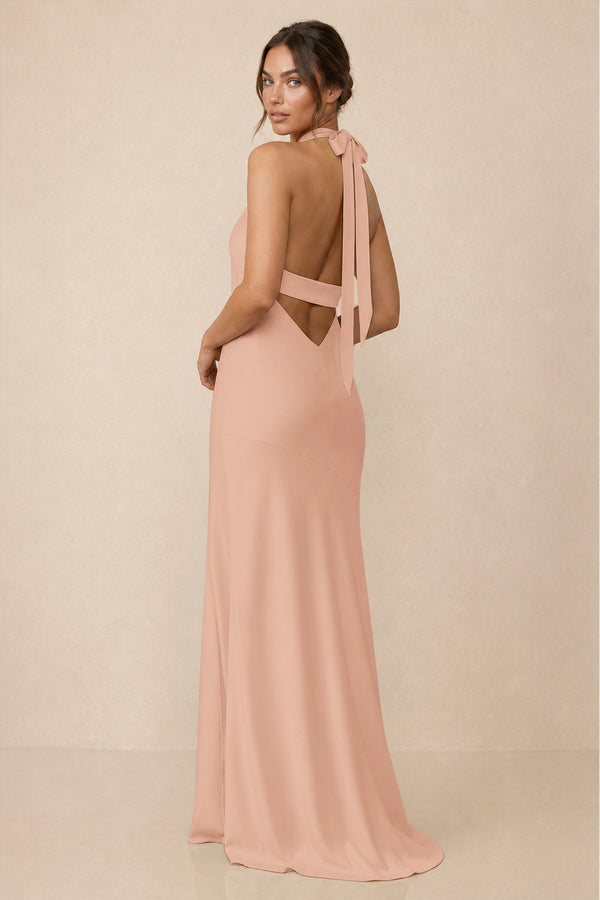 Cross Halter Sheath Bridesmaid Dress With Slit in Champagne Rose (2) | KISSBRIDAL
