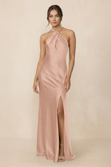 Cross Halter Sheath Bridesmaid Dress With Slit in Champagne Rose - KISS BRIDAL Bridesmaid Dresses