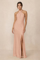 Cross Halter Sheath Bridesmaid Dress With Slit in Champagne Rose | KISSBRIDAL
